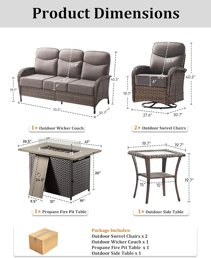 5-Piece Luxury Patio Furniture Set with 6-Inch Thick Cushions, High-Back Outdoor Swivel Rocker Chairs & Wicker 42" Fire Pit, All-Weather Conversation Set for Porch, Deck, Balcony or Backyard – Gray