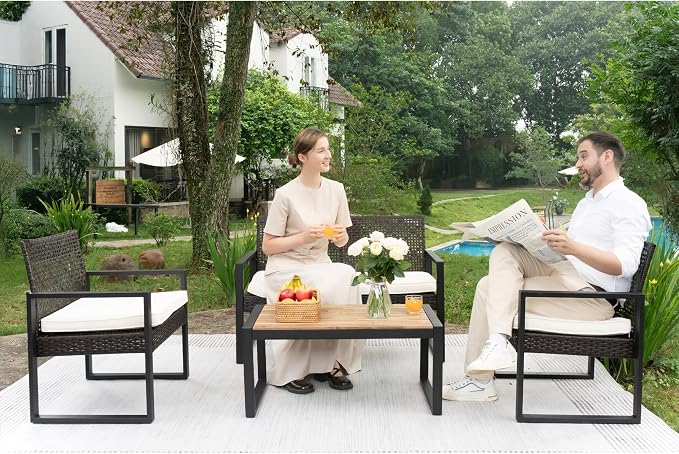 5-Piece Boho Patio Furniture Set, PE Rattan & Acacia Wood Outdoor Conversation Set for Porch, Garden, Backyard, Balcony
