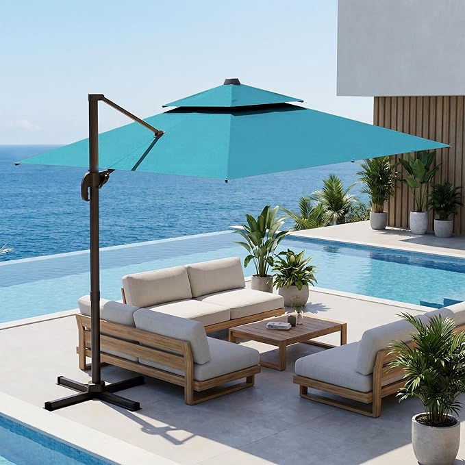 VEGOND 9x12 FT Patio Cantilever Umbrella (Base Not Included), Rectangular Heavy Duty Offset Umbrella for 6-8 People, 360°Rotation & Mult Tilt, Double Top Design, for Pool Garden Deck (Turquoise)