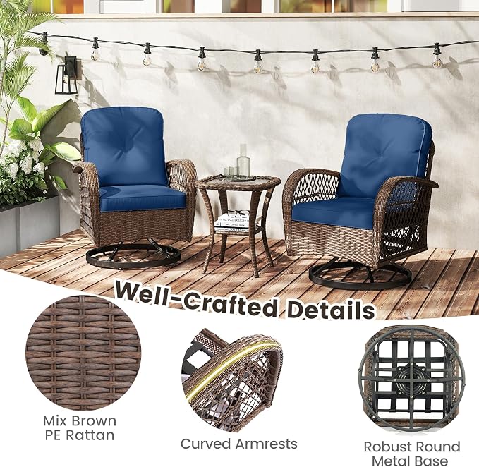 HAPPYGRILL 3 Pieces Outdoor Rattan Swivel Rocker Chairs Set with Tempered Glass Side Table, Outside Sectional Patio Conversation Furniture Set with Swivel Rocking Chairs for Deck Porch Garden (Navy)