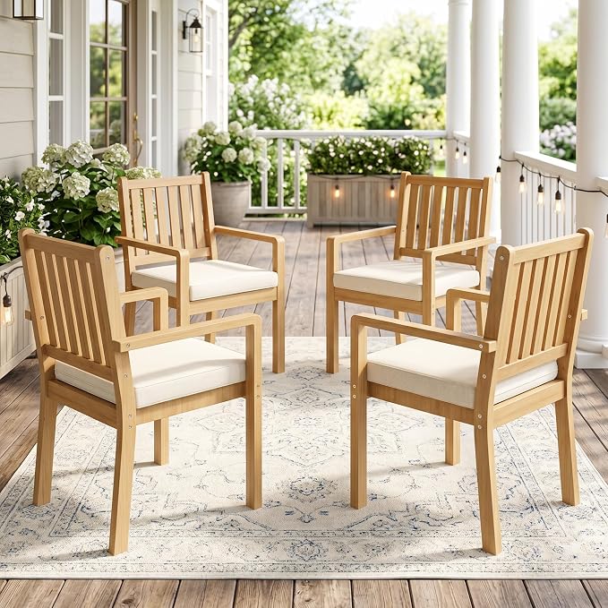 Wisteria Lane Acacia Patio Dining Chairs Set of 4, Outdoor Wood Chairs with Thick Cushions, Modern Patio Seating for Porch, Backyard, Garden, Indoor Use, Beige