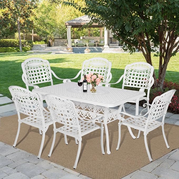 MEETWARM 7-Piece Outdoor Patio Dining Set, 6 Outdoor Dining Chairs and 1 Rectangle Table with 2" Umbrella Hole, All Weather Cast Aluminum Patio Funiture Set for Backyard, Patio(White)