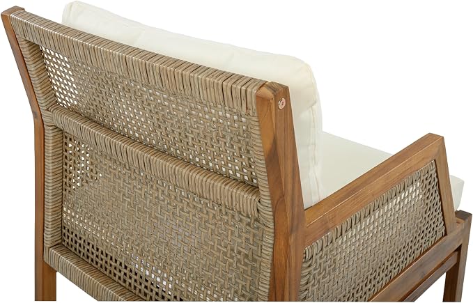 Christopher Knight Home Zura 4 Piece Patio Furniture Set with Removable Cushion, Outdoor Acacia Wood Conversation Set with Ottoman, Outdoor Sectional Sofa Set with Coffee Table, Teak+Cream