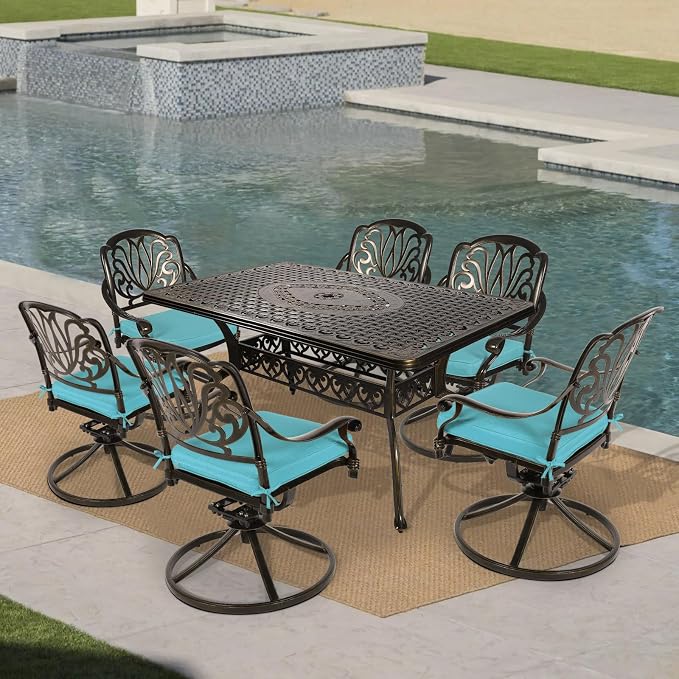 VIVIJASON 7-Piece Outdoor Furniture Dining Set, All-Weather Cast Aluminum Conversation Set Includes 6 Swivel Dining Chairs and a Rectangle Table with Umbrella Hole for Patio Garden, Ocean Blue Cushion