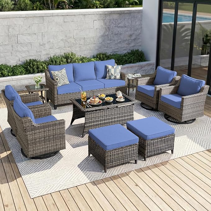 Luxury Patio Furniture Chairs Set - 6 Pieces All Weather Wicker Outdoor Couch and High Back Swivel Rocker Patio Chairs with Side Table for Deck Yard and Poolside Gray Wicker | Blue Cushions