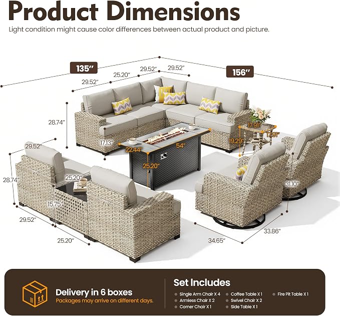 HOOOWOOO Sectional Patio Furniture Set with Fire Pit Table,12 Pieces Wicker Outdoor Furniture L Shaped Couch,Outside Conversation Set Extra Deep Sofa Wide Arm Swivel Chairs Solar Light,Gray