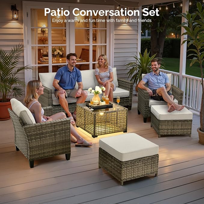 6 Piece Wicker Patio Furniture Set with Solar Table, Gray | Outdoor Deep Seating Sofa Chair Ottoman, Solar Lights Table, All Weather Rattan, Modern Conversation Set, Porch Deck Backyard