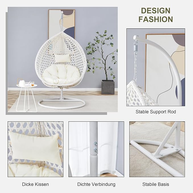 Egg Chair Indoor, Hanging Egg Chair with Stand, Rattan Wicker Swing Chair with Cushions, Swinging Chair for Bedroom Outdoor Patio Balcony Backyard Heavy Duty 350LBS,White