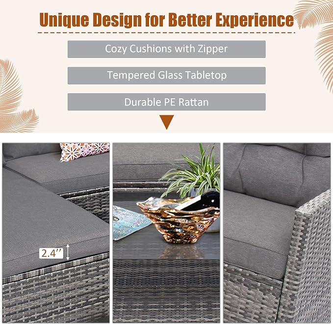 Tangkula 4 Pieces Rattan Conversation Set, Patiojoy Outdoor Furniture Set with Cushions, Lounge Sofa Set with Coffee Table, Patio Sectional Sofa Set for Patio Garden Poolside Backyard (Gray)