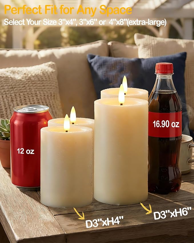 Gmnee 3"x4" Outdoor Waterproof Flameless Candles with Remote and Timers, LED Candles, Battery Operated Candles, Electric Fake Pillar Candles for Patio, Porch, and Lanterns Decor (Ivory, Plastic)