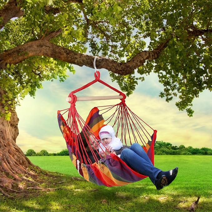 Hammock Chair Hanging Rope Swing - 2 Cushions Pillows Included - Portable Large Macrame Hanging Chair with Pocket - Camping Rope Seat