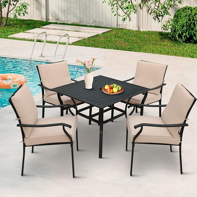 LVUYOYO 5-Piece Outdoor Patio Dining Set, Metal Stackable Chairs & Square Table Set, All-Weather Furniture for Backyard, Garden,Balcony,Porch (1 Square Table+ 4 Dining Chairs)