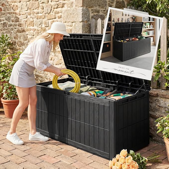 UDPATIO 120 Gallon Deck Box Outdoor Storage Box Lockable Waterproof Resin Indoor Outdoor Storage Container for Patio Cushions, Tools, Package Delivery Boxes for outside
