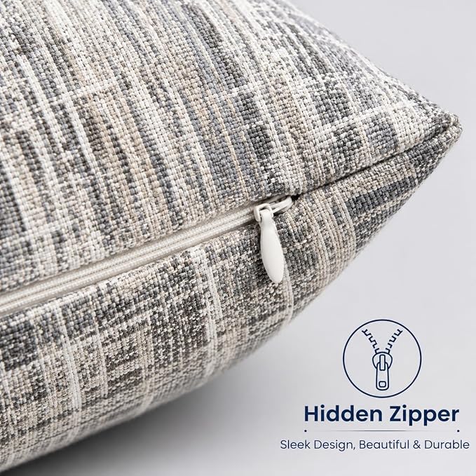 Outdoor Pillow Covers Waterproof Throw Pillow Covers, Set of 2 Jacquard Texture Water Resistant Fade Resistant Decorative Cushion Covers for Garden Patio Bench Couch Sofa, 18x18 Inch (Gray Grid)