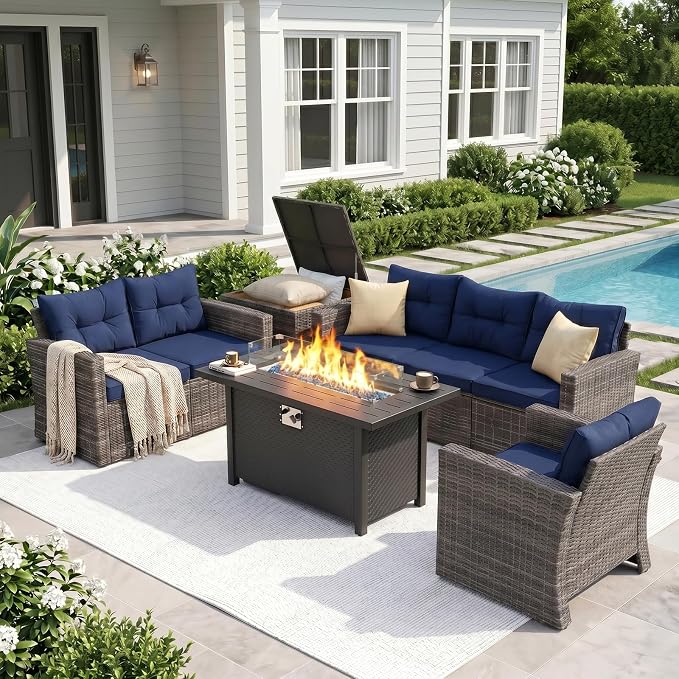 Super Patio 8 Pieces Outdoor Patio Furniture Set with 45” Fire Pit Table, Rattan Patio Conversation Sets with 50000 BTU Gas Fire Pit, Sectional Sofa Set with Storage Box, Navy Blue (Without Table)