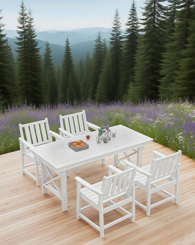 Outdoor Patio Dining Table Set, 5-Piece Outdoor HDPE Dining Furniture Sets with Umbrella Hole Table and 4 Chairs for Backyard, Garden, Lawn, Poolside, White