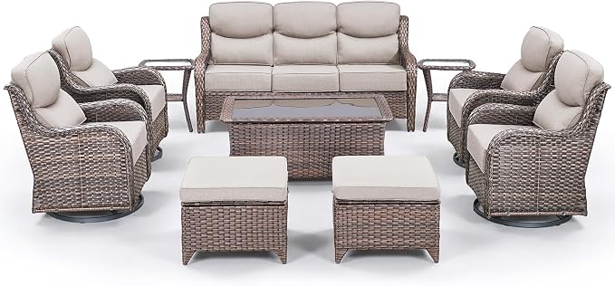 Luxury 10 Pieces Patio Furniture Set, Wicker Swivel Rocker Patio Chairs with 6" Thick Cushion, Outdoor Wicker Sofa with Coffee Table, All Weather Outdoor Conversation for Garden Porch(Brown/Beige)