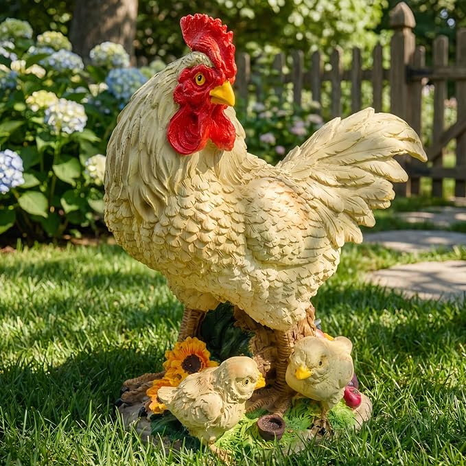11.5" Chicken Bird Statue - Rustic Home Accents, Realistic Animal Sculptures, Resin Figurines, Yard Art, Funny Farm Sculpture, Garden Decor