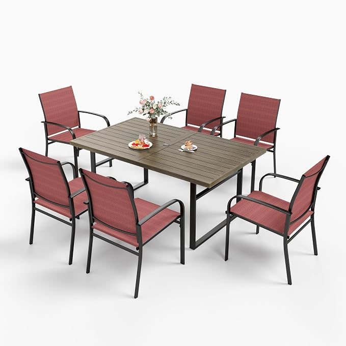 HERA'S HOUSE 7pc Outdoor Patio Dining Set, Wood-Look Metal Table, Red | 6 textilene chairs, 64" rectangular table with umbrella hole. Waterproof, rust-resistant, all-weather for yard, porch
