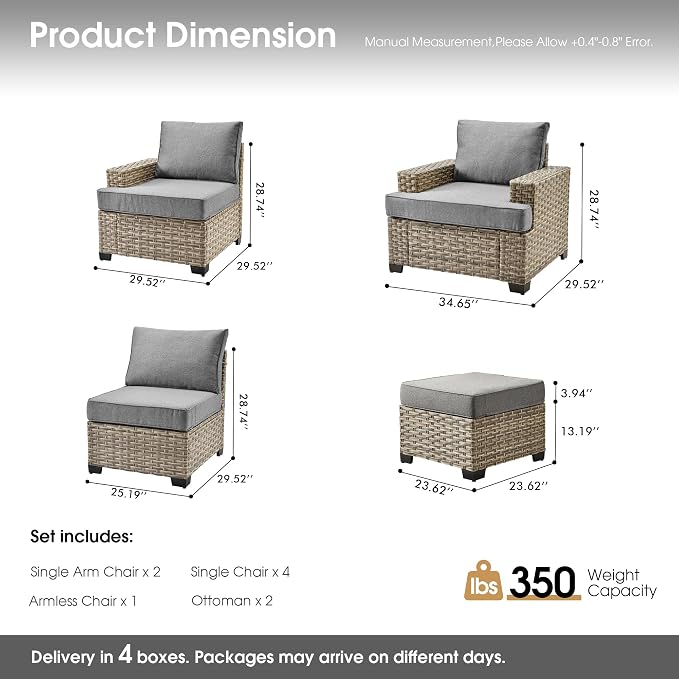 Outdoor Sectional Patio Furniture Set,9 Pieces All Weather Rattan Wicker Conversation Sets,Out Door Furniture with Ottoman Single Chair,Dark Grey