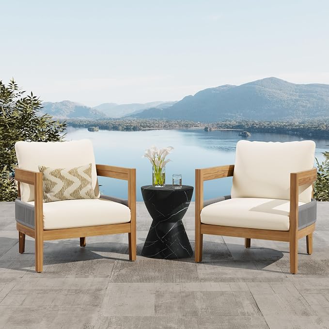 Merax 27.5" Outdoor Curved Accent Chair with All-Weather Cushions, Acacia Wood Frame Single Club Chair for Porch, Lawn, Backyard, Balcony, Teak+ Beige
