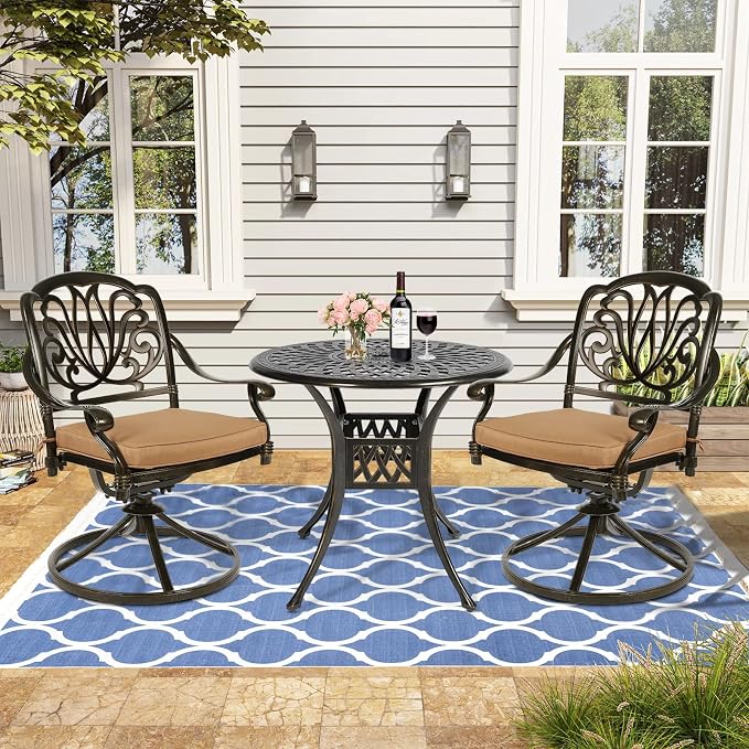 VIVIJASON 3-Piece Patio Furniture Dining Set, Outdoor All-Weather Cast Aluminum Bistro Set, Include 2 Swivel Chairs and 31" Round Table w/Umbrella Hole for Balcony, Lawn, Garden, Antique Bronze