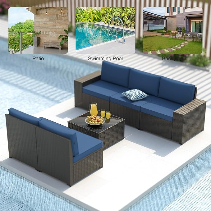 Patio Furniture Set, 6PCS Outdoor Sectional with Ottoman Wicker Rattan Patio Couch with Thickened Cushion Modular Wicker Patio Conversation Set with Glass Top Table for Balcony, Backyard(Blue)