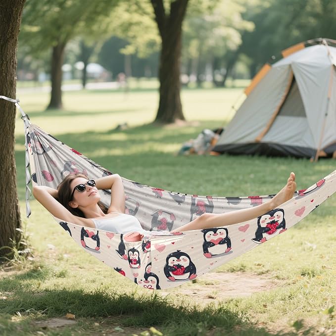 Camping Hammock Outdoor Hammocks for Outside Cute Penguin Strawberry Beach Trees Portable Lightweight with Pockets Tree Straps Indoor Small