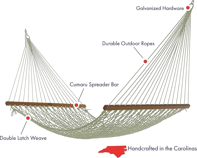 Nags Head Hammocks First Mate Meadow DuraCord Rope Hammock – 12 ft. x 50 in., 450 lb Capacity, Cumaru Spreader Bar, Galvanized Hardware, Handcrafted in USA, Free Chains & Tree Hooks