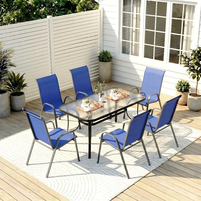 TLSUNNY Patio Dining Set for 6, Outdoor Table and Chairs W/1.69″ Umbrella Hole, 30"X 55" Table and Stackable Textilene Chair, All Weather Patio Furniture Set (Black Table & Navy Blue Chair)