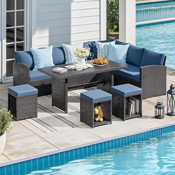JOIVI Patio Furniture Set, 7 Piece Patio Dining Sofa Set, Outdoor Sectional Sofa Conversation Set All Weather Wicker Rattan Couch Dining Table & Chair with Ottoman, Aegean Blue