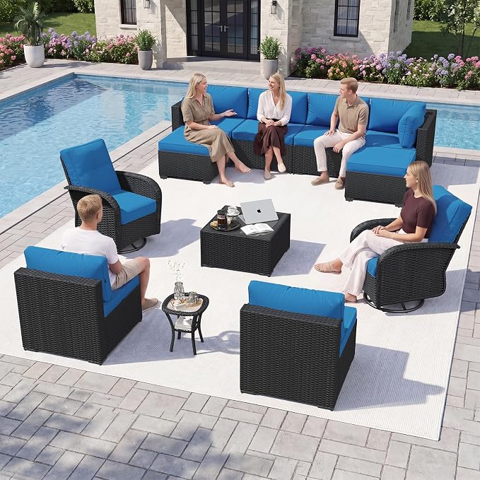 Aoxun 12 Piece Outdoor Patio Furniture Set with Coffee Table, Wicker Rattan Outdoor Furniture with High Back Swivel Rocker Chairs, Outdoor Conversation Set with Thick Cushion & Ottoman, Peacock Blue