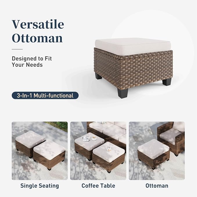 SUNSHINE VALLEY Patio Furniture Set Outdoor Furniture Brown Wicker Rattan Patio Conversation Sets with Cushion Outside Sofa Set,8 Pieces with Rectangular Firepit Table,12 Seats,Beige