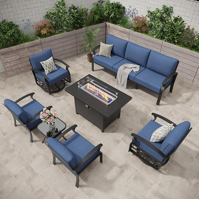 Aluminum Outdoor Patio Furniture Set,7 Seats Patio Conversation Sets with 45" Propane Fire Pit Table,Metal Patio Sectional Furniture Set with 2 Swivel Rocking Chairs,Navy Blue