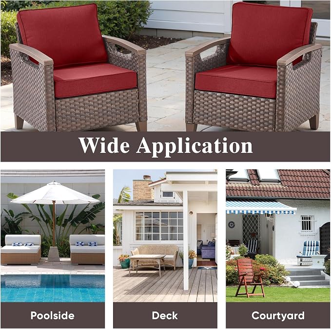Rilyson Wicker Outdoor Patio Furniture Set of 6, 6 Piece Patio Conversation Sets with 4 Chairs and 2 Side Table, Thick Cushions, Waterproof Wicker, for Porch Deck Brown/Red