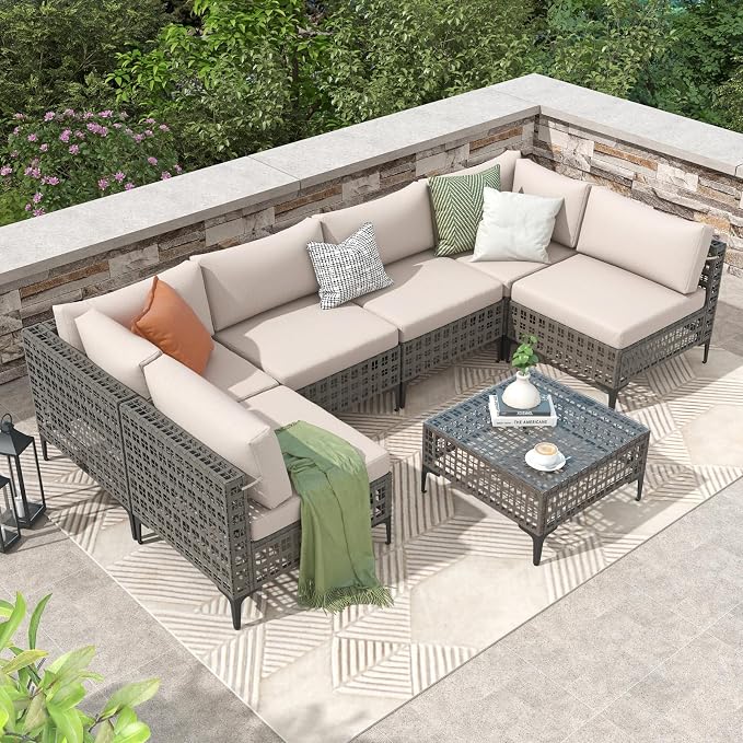 Patiorama 7 Piece Wicker Patio Furniture Set, Metal-Colored PE Rattan Outdoor Conversation Set Sectional Sofa with Water Resistant Cushion and Glass Table, Outdoor Couch, Porch, Backyard-Sand Beige