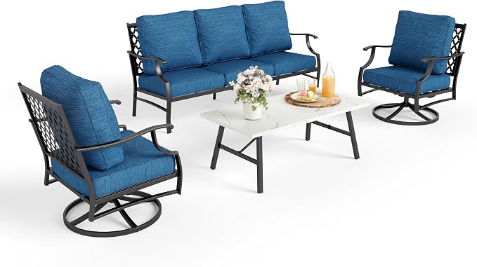 MIXPATIO Patio Furniture Set 4 pcs, Metal Outdoor Patio Furniture, 3-Seat Sofa, 2 Swivel Chairs, Coffee Table and 5.75" Extra Thick Cushion, Conversation Set for Backyard Deck, Gemstone Blue