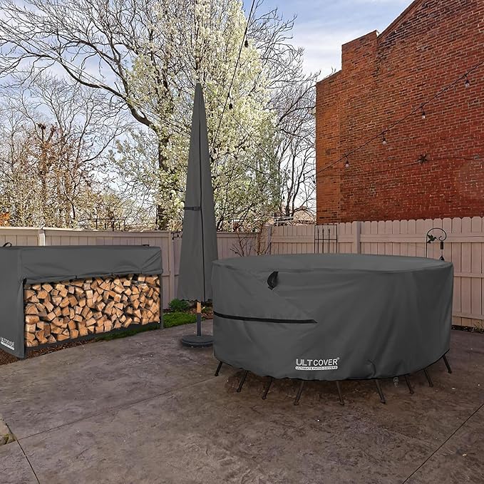 ULTCOVER Round Patio Furniture Cover - Outdoor Waterproof Table with Chair Set Cover 92 inch, Black