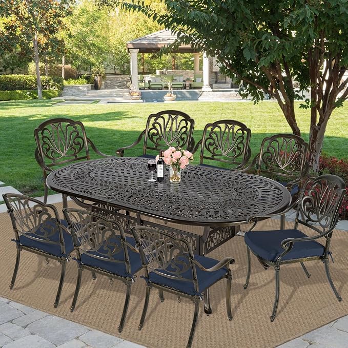 MEETWARM 9-Piece Outdoor Patio Dining Set, 8 Outdoor Dining Cushioned Chairs and 1 Oval Table with 2" Umbrella Hole, All Weather Cast Aluminum Patio Funiture Set for Backyard, Patio, Garden, Navy Blue