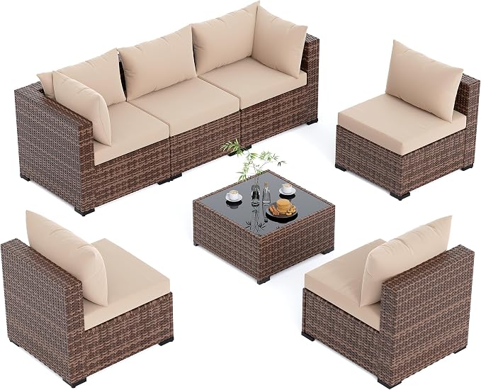 UDPATIO Furniture Set, 7 Piece Sectional Sofas with Wicker Coffee Table, Conversation for Garden, Backyard, Khaki