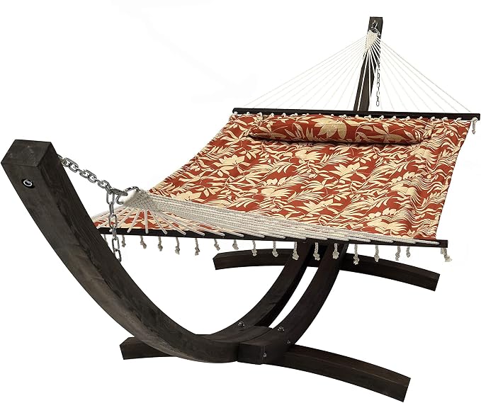 Deluxe Quilted Elegant Peach/White Color Floral Pattern, Double Padded Hammock Bed w/Pillow. 2 Person Bed. 425 LB Capacity. Stand NOT Included
