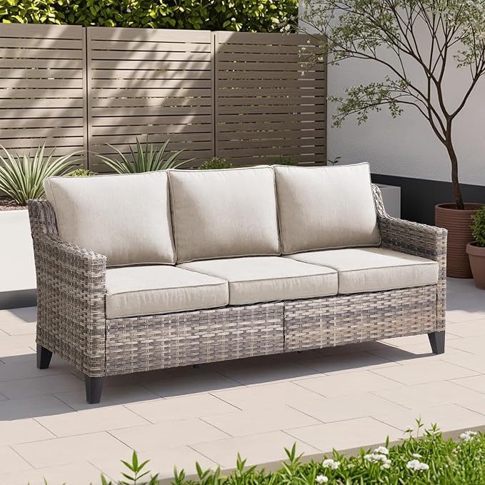 Patio Furniture Outdoor Couch 3 Seater Sofa, All-Weather Outdoor Gray Wicker Sofa Deep Seat High Backrest Patio Couch with Non-Slip Cushions and Wide Arm for Balcony Porch Garden Deck, Beige