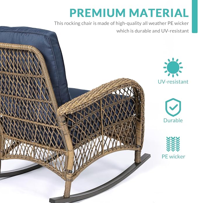 Meetwarm 5-Piece Outdoor Patio Conversation Set with Glider Loveseat & Rocking Chairs, Glass-Top Coffee Table - Navy Blue