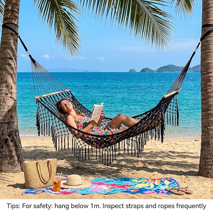 Hand Woven Cotton Rope Hammock, 10 ft Hammock for Patio Garden Yard Porch Camping Beach Indoor Outdoor Hanging Include Rope Straps, 450lb Capacity(Black)
