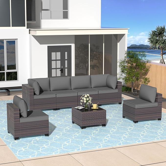 Patio Furniture Set 7 Pieces Outdoor Sectional Sofa Set,All Weather Wicker Patio Sofa PE Rattan Patio Conversation Set w/Cushions and Glass Coffee Table,Grey