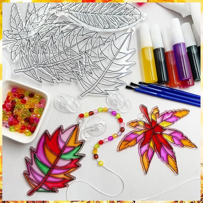 AUEKIV Suncatcher Kit 32 Sets Fall Leaf Suncatchers Window Art Paint Sun Catcher DIY Craft Kits Autumn Maple Leaf Sun Catchers Bulk for Thanksgiving Harvest Party Art Project Decoration