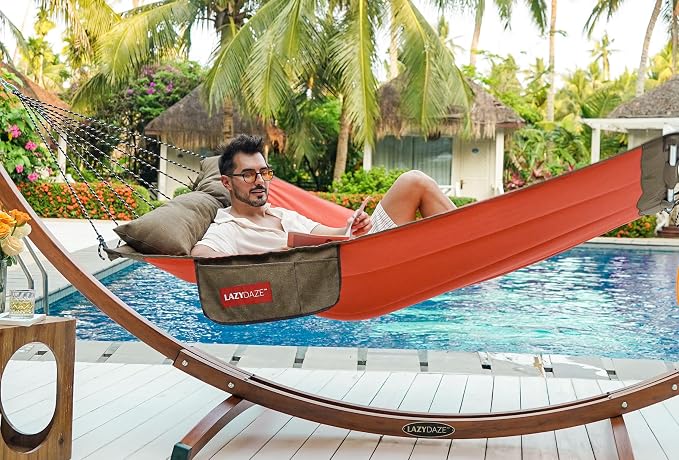 Lazy Daze Hammocks 12 FT Quilted Fabric Hammock with Curved Aluminium Spreader Bar, Double Hammock for Outside with Soft Pillow & Side Pocket 450 Lbs Capacity, Orange