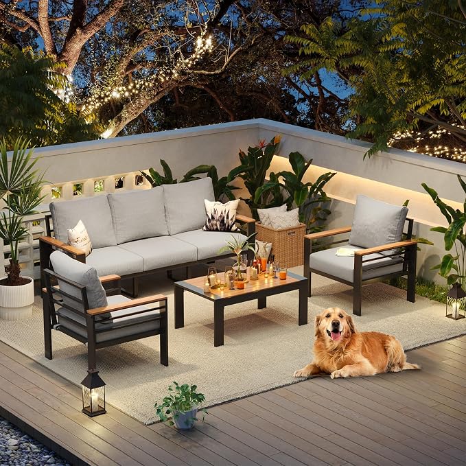 Aoxun Aluminum Patio Furniture Set 5 Seats, Oversized Outdoor Sectional with Washable Thick Cushions, Coffee Table, Patio Conversation Sets for Porch, Balcony, Deck