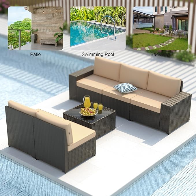 Patio Furniture Set, 6PCS Outdoor Sectional with Ottoman Wicker Rattan Patio Couch with Thickened Cushion Modular Wicker Patio Conversation Set with Glass Top Table for Balcony, Backyard(Kakhi)