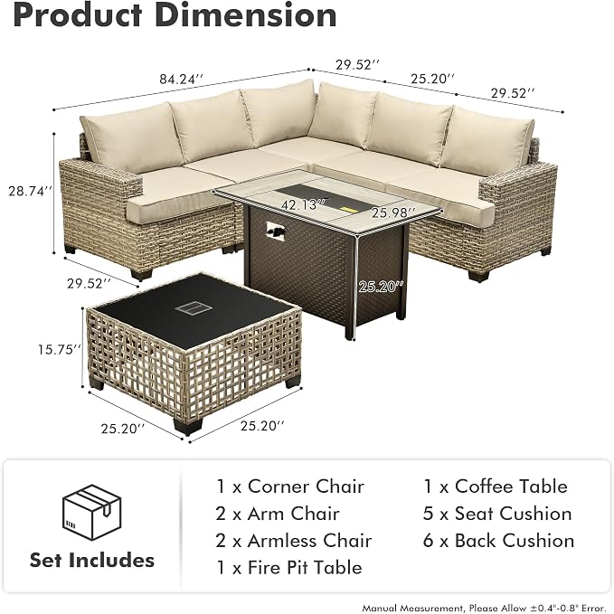 HOOOWOOO Sectional Patio Furniture Set with Fire Pit Table,7 Pieces Wicker Outdoor Furniture L Shaped Couch,Outside Conversation Set with Extra Deep Seat Sofa Wide Arm Solar Light Table,Beige